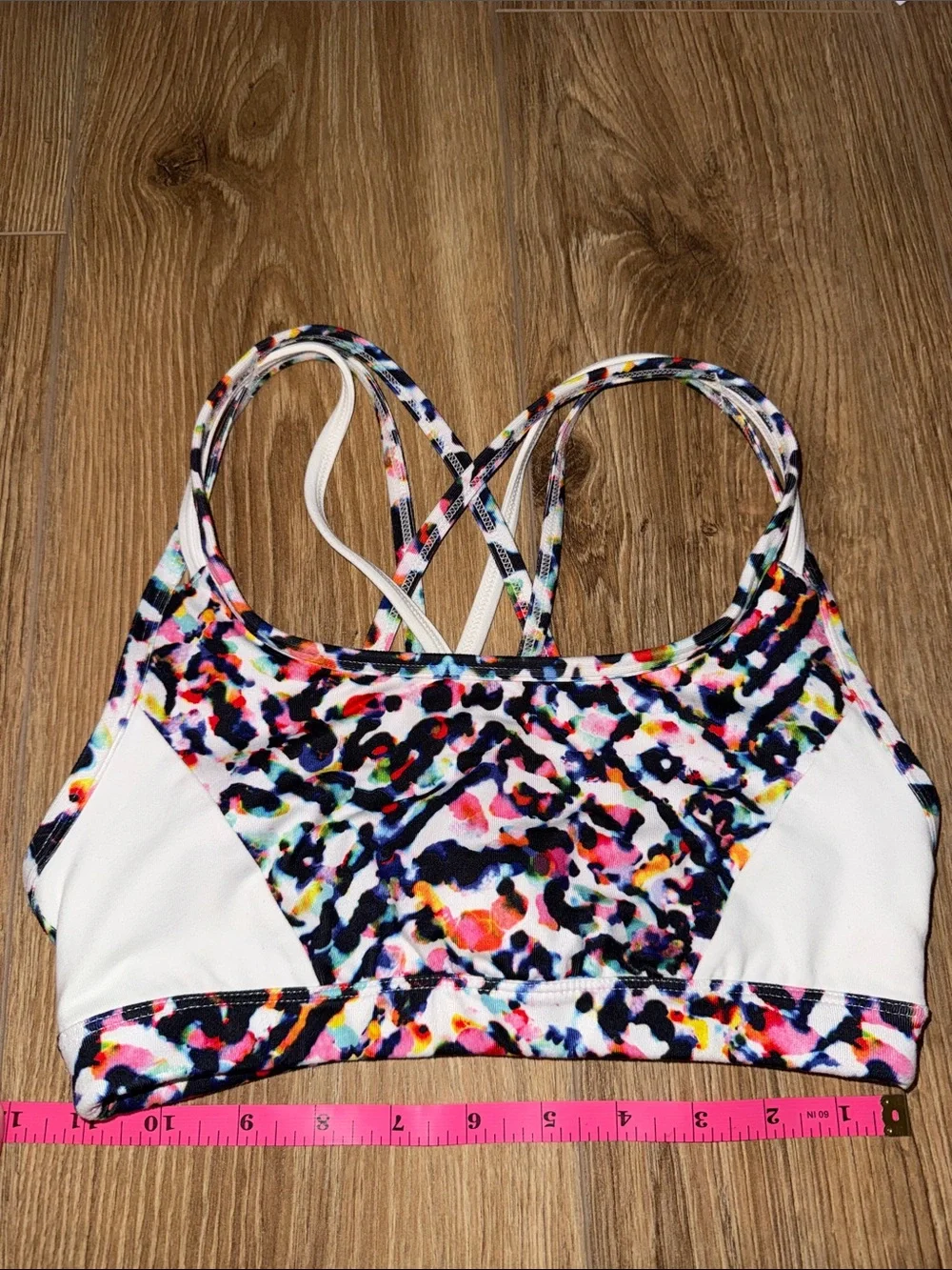 Athleta White Strappy Sports Bra with Multicolor Floral Trim